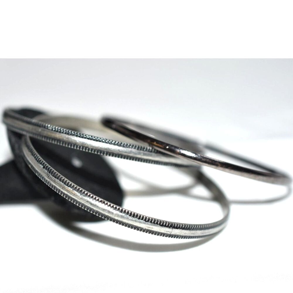 Trendy Stackable Set Of 3 Silver Tone Metal Black Accent 6" Grunge Bracelets
